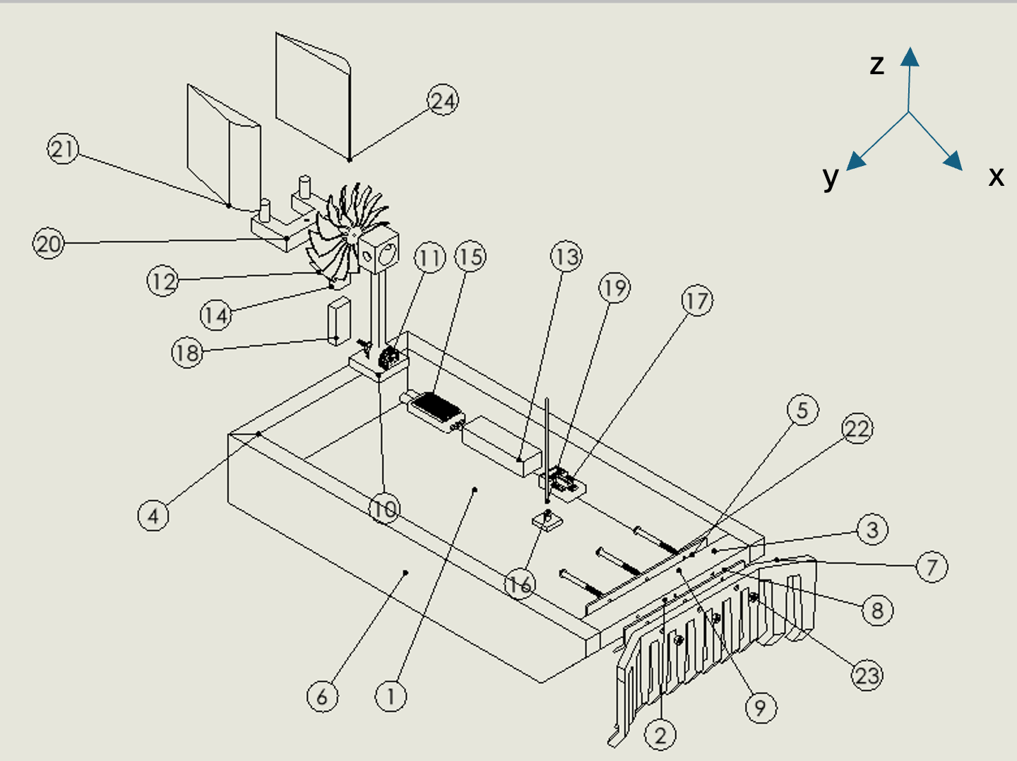Final CAD rendering of the airboat with comb, fan, and hull