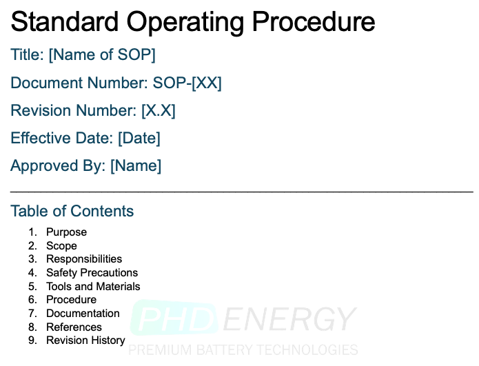 Standard operating procedure template layout for manufacturing