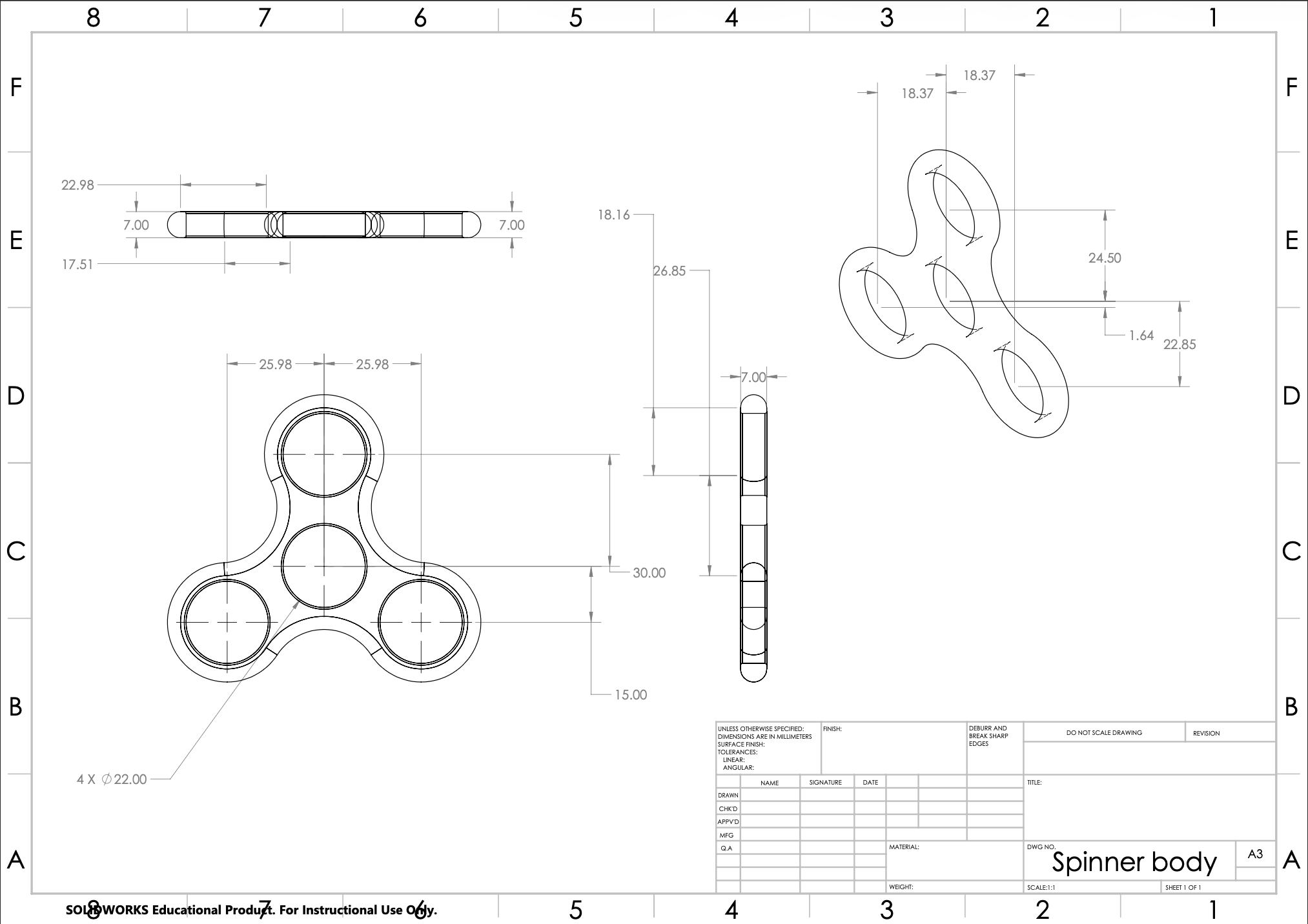 Dimensioned drawing of the spinner body
