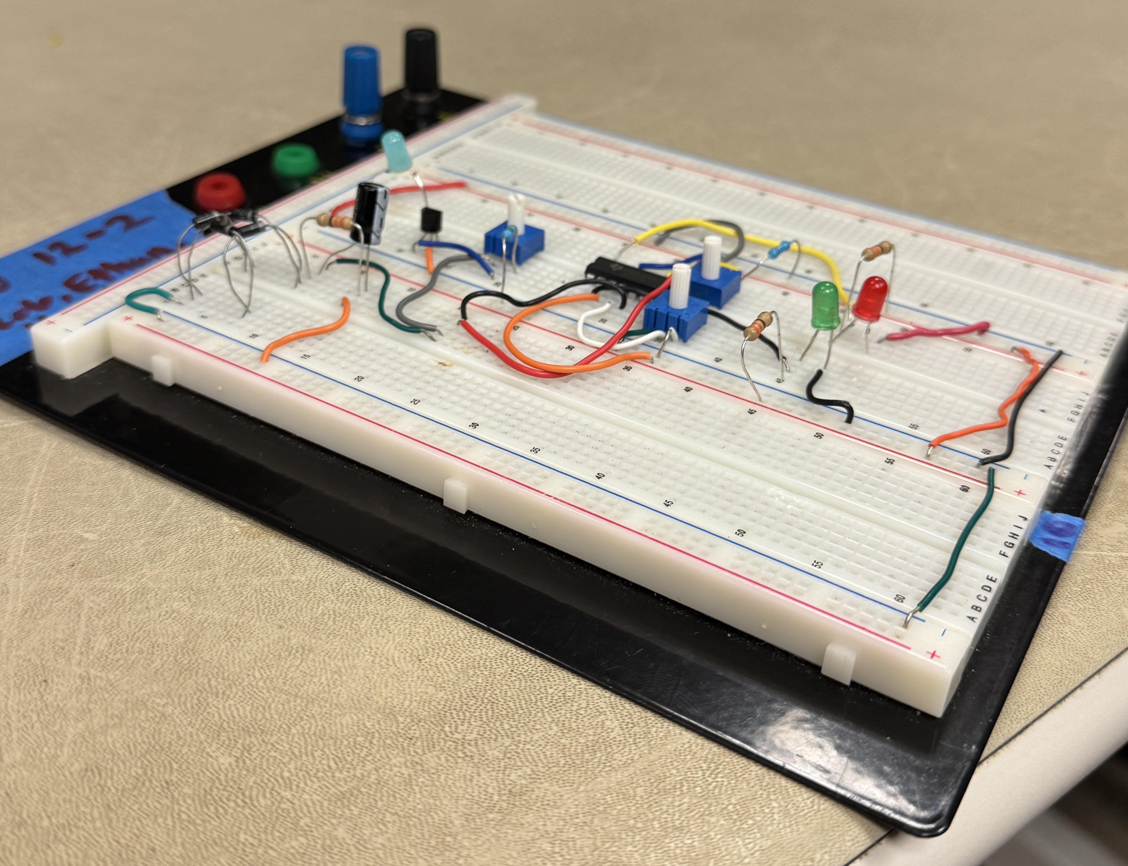 Breadboarded rectifier and indicator circuit during testing